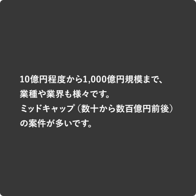10億円程度から1,000億円規模まで、業種や業界も様々です。ミッドキャップ（数十から数百億円前後）の案件が多いです。