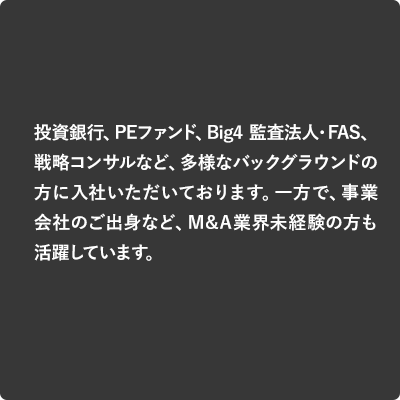 投資銀行、PEファンド、Big4 監査法人・FAS、戦略コンサルなど、多様なバックグラウンドの方に入社いただいております。一方で、事業会社のご出身など、M&A業界未経験の方も活躍しています。